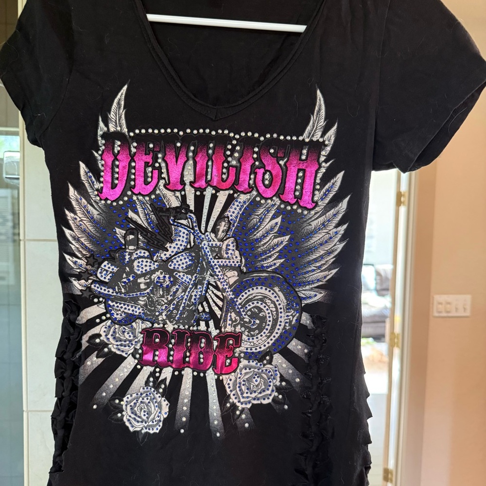 Edgy Black Graphic Tee with Pink Accents